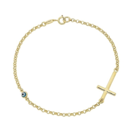 NA: 9ct Yellow Gold Silver Infused Cross & Evil Eye Bracelet